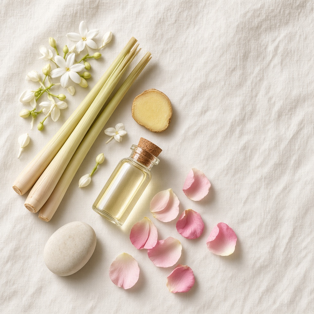 Lemongrass, jasmine, ginger, rose petals, and a vial of oil arranged on linen